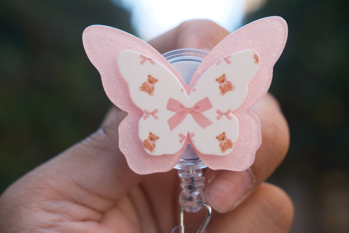 Pink Butterfly with Teddy Bear Accent Badge Reel
