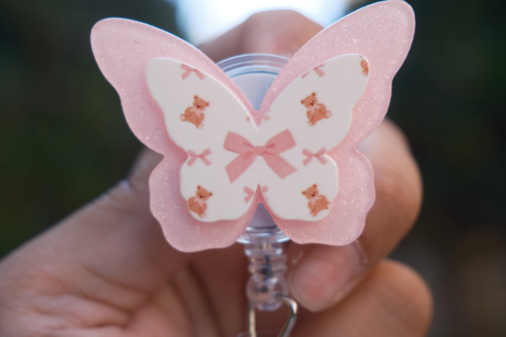 Pink Butterfly with Teddy Bear Accent Badge Reel