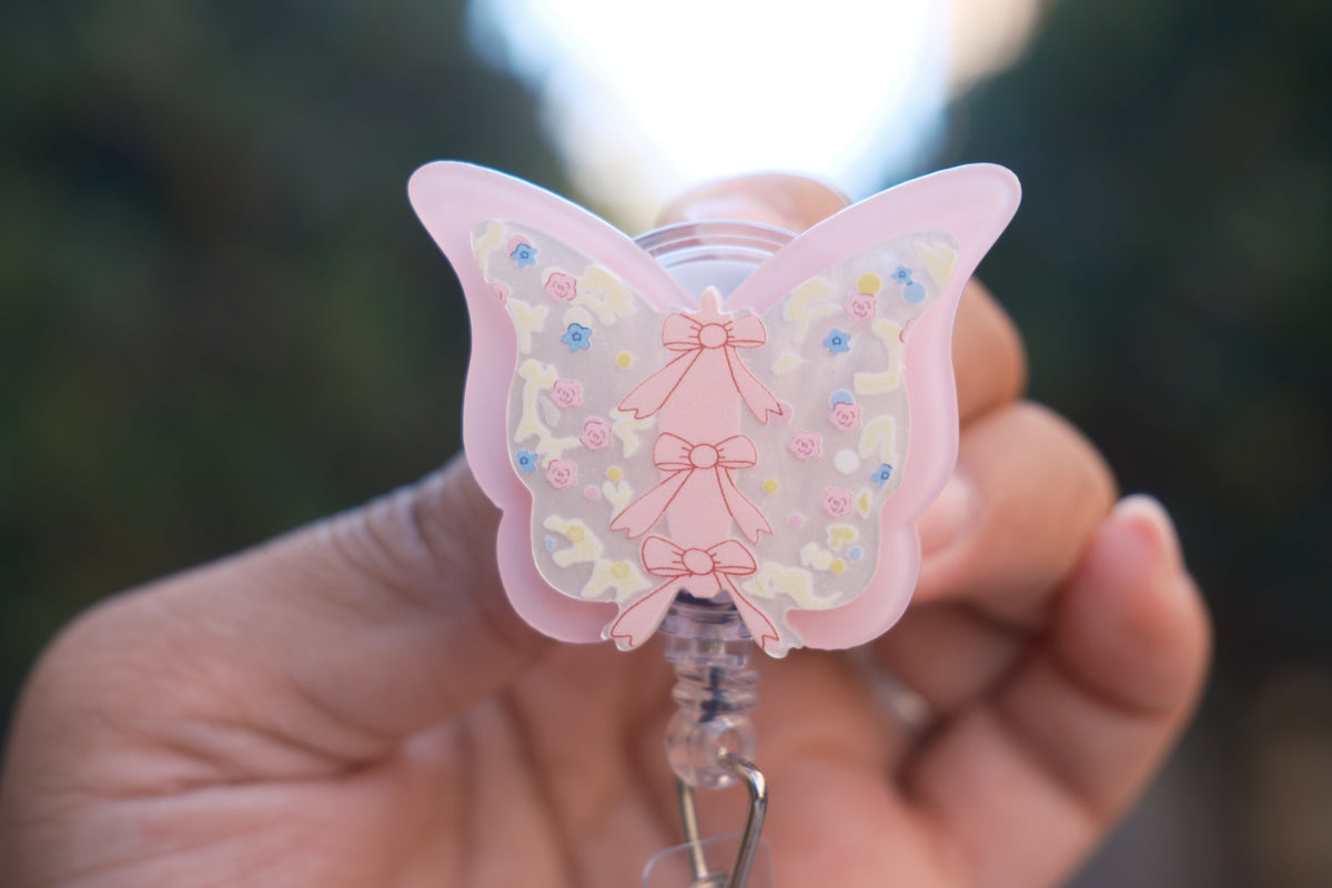 3 Bow Pink Butterfly Badge Reel
