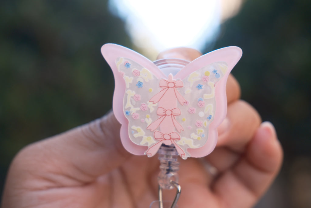3 Bow Pink Butterfly Badge Reel
